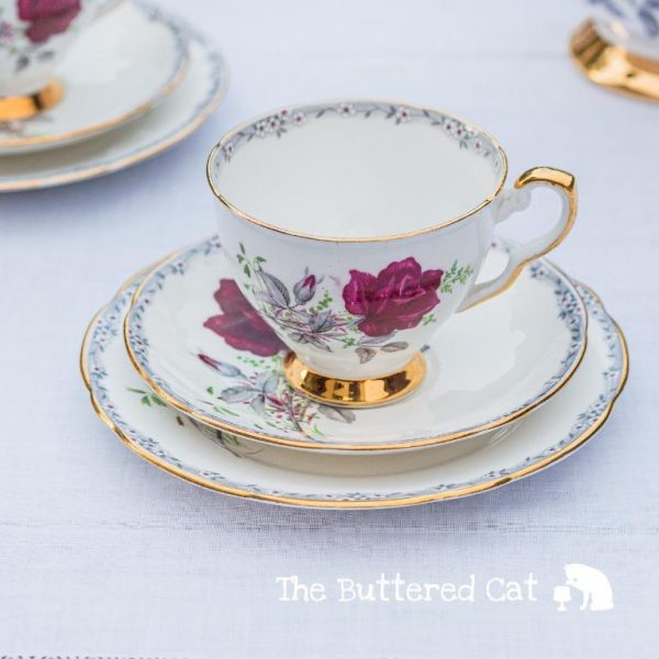 Vintage Royal Stafford bone china tea trio, red rose